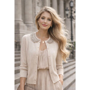 Rebecca Taylor Angora Cashmere Cardigan Rhinestone Peter Pan Collar Quiet Luxe